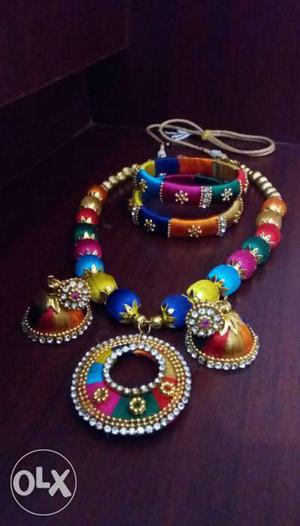Multicolored Thread Bangle And Necklace And Jhumka Earring