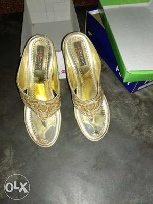 Pair Of Gold T-strap Heeled Sandals very good condition