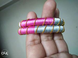 Pair Of Grey-and-pink Silk Threaded Bangles
