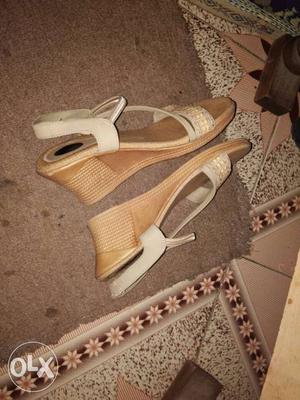 Pair Of Women's Brown-and-white Open-toe Wedges