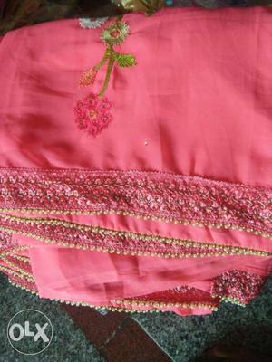 Pink Flower Embroidered Chunri