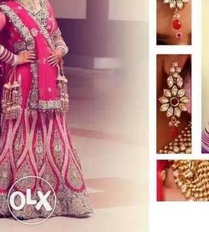 Pink and green bridal lehenga on rent rs only