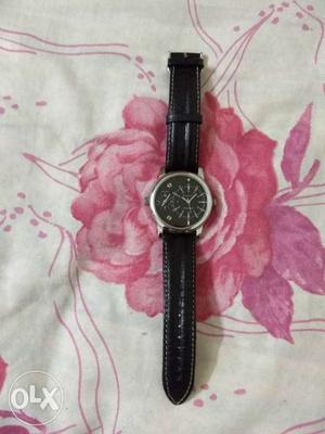 Round Black Chronograph Watch With Black Leather Strap 1