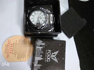 Round Silver Chronograph Watch With Link Bracelet In Box