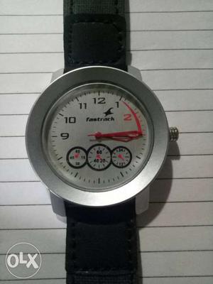 Round White And Black Chronograph Watch With Black Leather