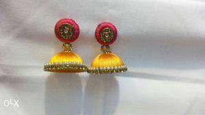 Silk thread ear rings in yellow and pink
