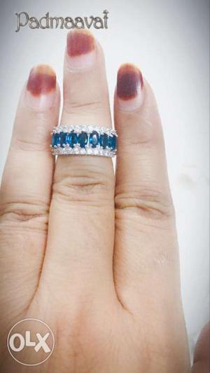 Silver-colored Teal And Clear Gemstone Encrusted Ring