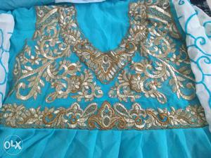 Women's Blue And Golden Floral Traditional Dress