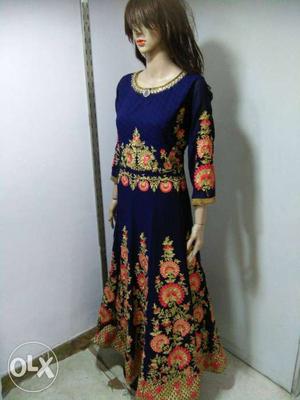 Women's Blue And Multicolored Floral Long-sleeved Dress
