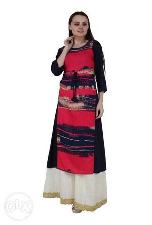 Women's Red And Black Long-sleeved Traditional Kurtis..