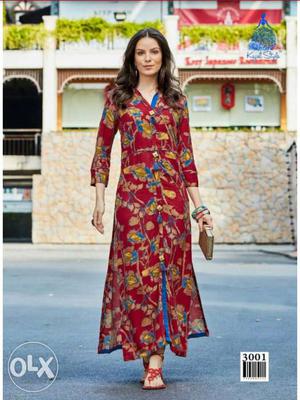 Women's Red, Blue, And Brown Floral V-neck Long-sleeved Midi