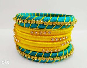 Yellow And Blue Silk Thread Traditional Bangles Size 2.6