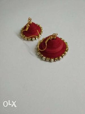 Pair Of Red Silk-thread Earrings