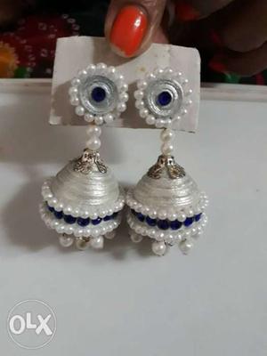 Pair Of White Silk Threaded Ghumkas Earrings