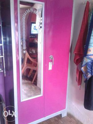 Pink And Gray Wooden 2-door Cabinet With Mirror