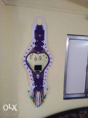Purple And White Knitted Wall Decor With Mirror
