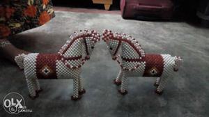 Two White-and-red Beaded Horse Decors