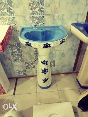 White And Blue Floral Ceramic Pedestal Sink