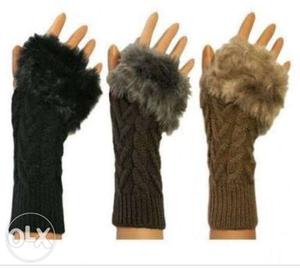 Each paired Black, Gray, And Brown Knit Gloves