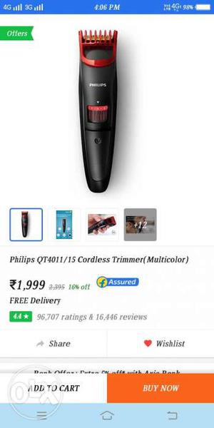 Black And Red Philips QT Cordless Hair Trimmer NEW