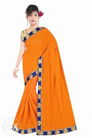 Blue, Brown, And Yellow Floral traditional Sari