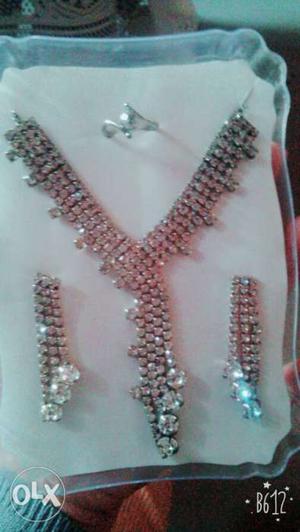 Diamond Encrusted Necklace With Pair Of Earrings And Ring