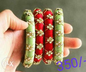 Four Red And Green Silk Thread Bangles