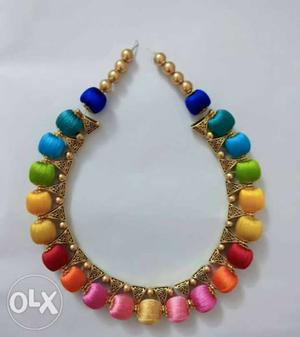 Gold-colored And Multicolored Silk-thread Beaded Bracelet