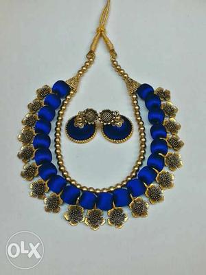 Gold-colored-and-blue Necklace And Pair Of Jhumka Earrings