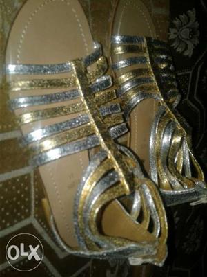 Grey-and-gold Leather Cage Strap Sandals