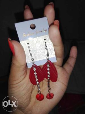 Pair Of Silver-colored With Red Stone Hook Earrings