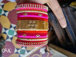 Pink And Gold Thread Bangles