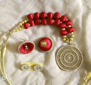 Red And Gold-colored Silk Thread Jhumkas Earrings And