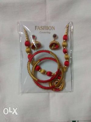 Red And Yellow Bangles, Jhumka, And Necklace