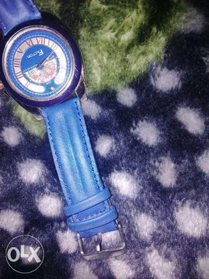 Round Blue Chronograph Watch With Blue Leather Strap