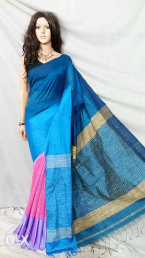 Women's Blue And Pink Sari Dress