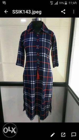 Women's Blue, Gray, And Red Plaid 3/4 Sleeved Dress