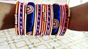 Women's Blue, Pink, And Orange Silk Thread Bangles
