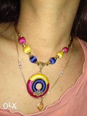 Women's Pink, Yellow, And Purple Silk-thread Necklace