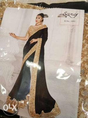 Black And Beige Floral Sari Traditional Dress