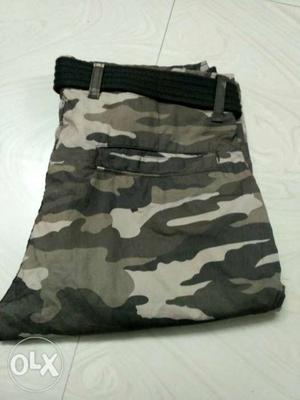 Black And Grey Camouflage Bottoms With Black Belt