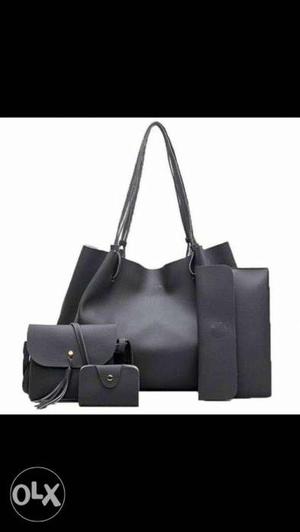 Black Leather Tote Bag With Matching Crossbody Bag, Purse,