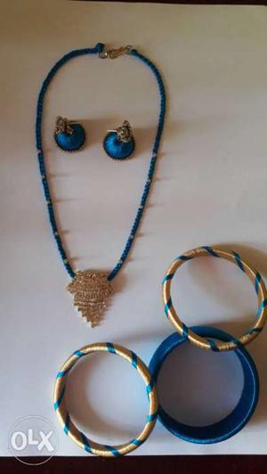 Blue And Gold Silk-thread Pendant Necklace And Three Cuff