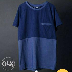 Blue And Gray Crew-neck Elbow-sleeved Shirt