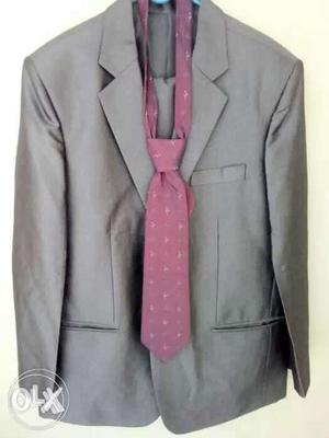 Gray Notched Lapel Suit Jacket And Red And White Necktie
