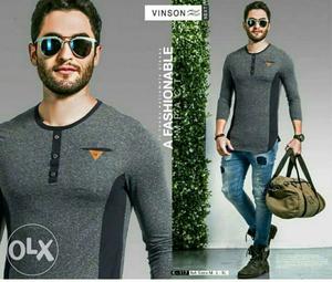 Men's Gray And Black Long-sleeved Henley Shirt And Blue
