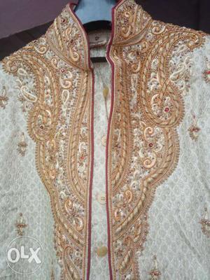 Men's White And Brown Floral Sherwani Dress