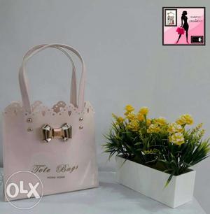 White Leather Tote Bag With Yellow Artificial Flower