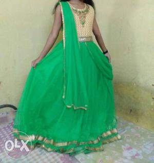 Women's Green And Beige Sari Dress