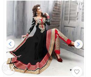 Women's Red And Black Long-sleeved Long Dress Semistiched